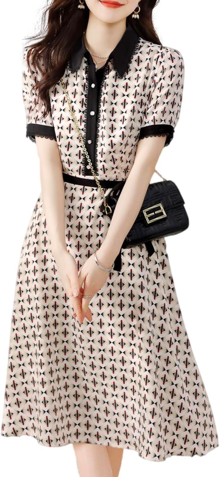 ワンピース モダン柄 Aライン きれいめ カジュアル 膝下 丈 春 夏 秋 レディース( ホワイト, M)