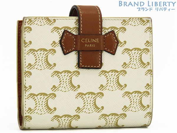 美品セリーヌトリオンフスモールストラップウォレットエッセンシャル二つ折り財布コンパクト財布ホワイト10H262DB7.01TA