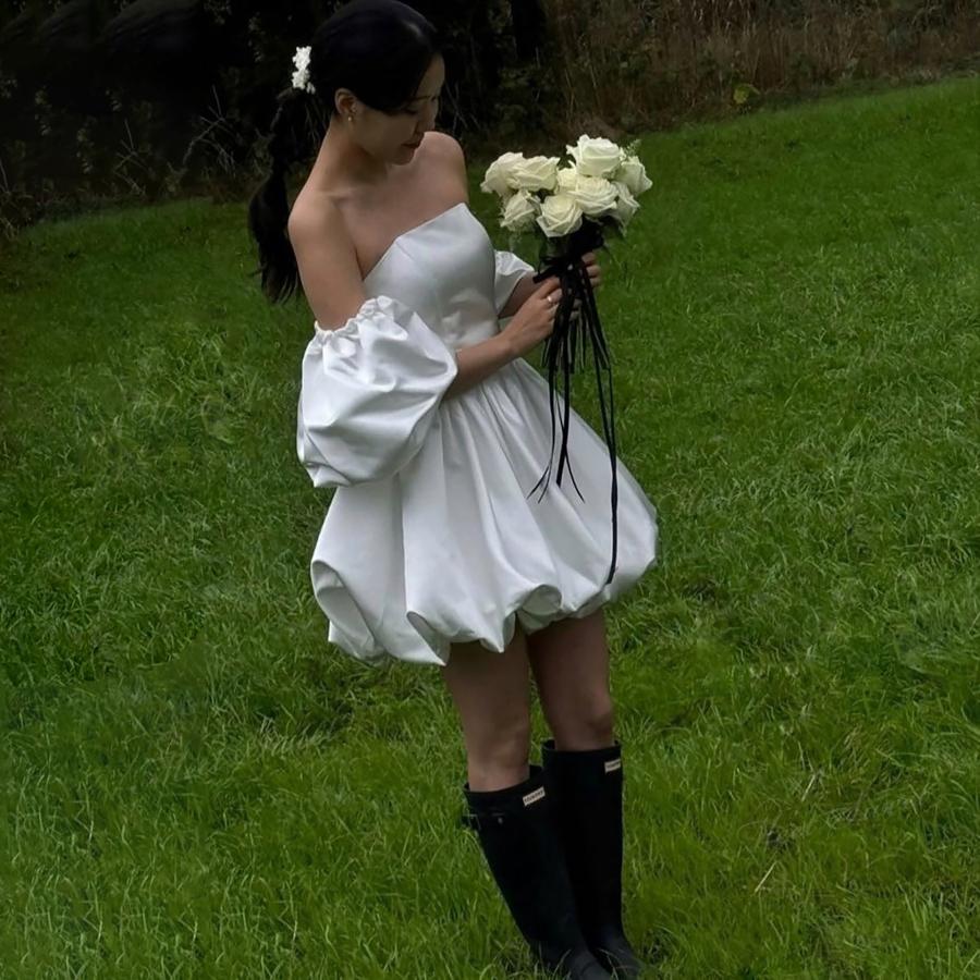 ウェディングドレス ミニ ショート丈 ミニドレス バルーンスリーブ バルーン 二次会 結婚式 前撮り 発表会 花嫁 ウエディングドレス リゾート ショートドレス