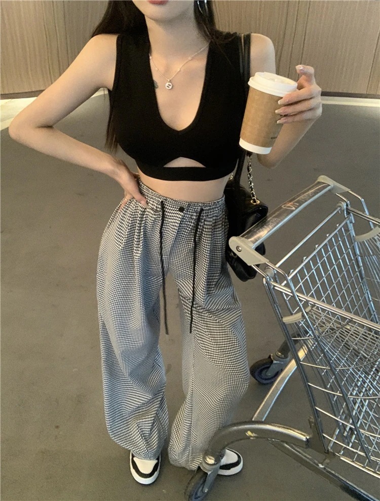セットアップ ショート丈 タンクトップ チェック柄 パンツ 2点セット 上下セット トップス ボトムス ワイドパンツ ショート ロング丈 ノースリーブ Vネック スリム ストレート ワイド