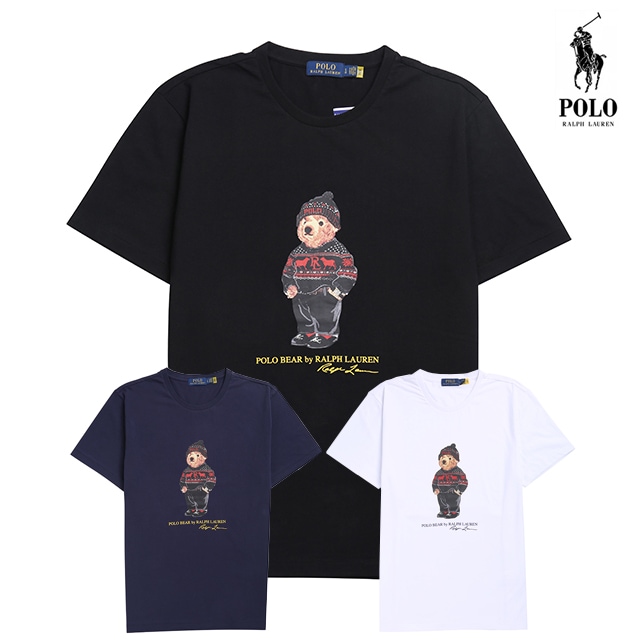 本物保証 メンズ コットン ポロベアー 限定プリント半袖 Tシャツ 3 カラー（ブラック / ネイビー / ホワイト）ポロベアー (Knit & Watch Cap ベアー)