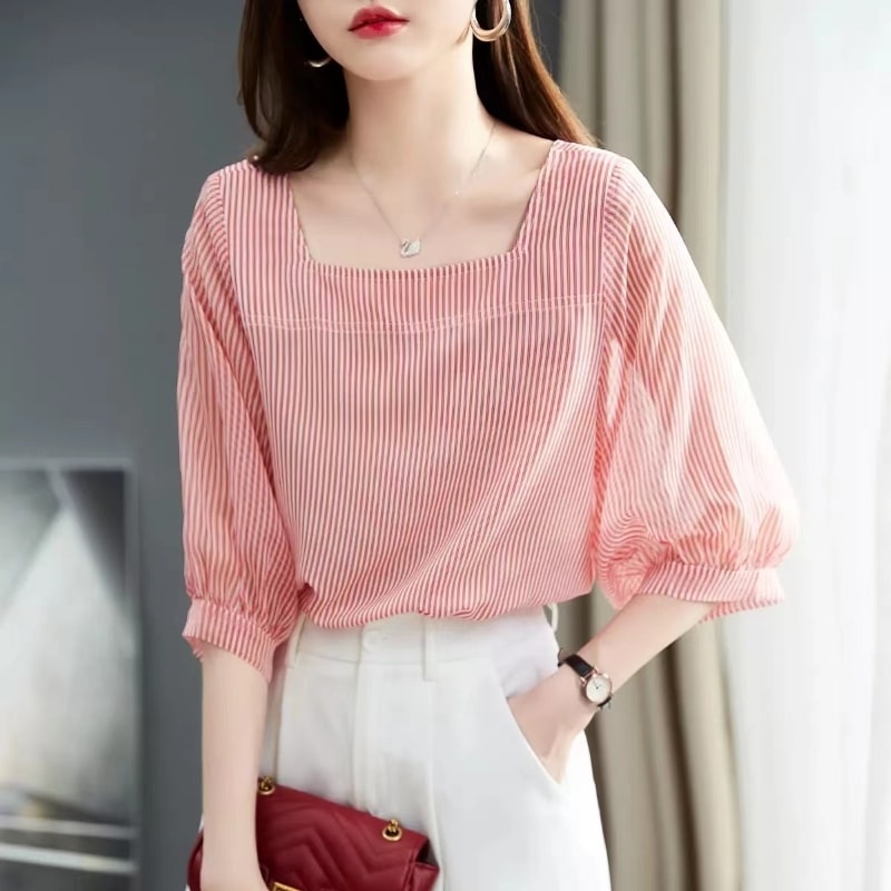 トップス シャツ ブラウス 五分袖 スクエアネック ストライプ柄 シフォン 薄手 シンプル 大人 上品 おしゃれ エレガント ストライプ 春 夏 レディース お出かけ 休日 普段使い 新作 送料無料
