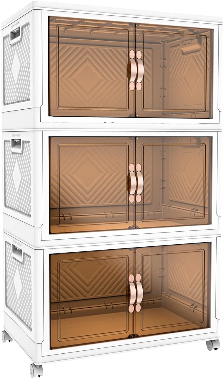 Muichi【収納キャビネット 折りたたみ】 収納ボックス 扉付き折り畳みコンテナ 省スペース 組立簡単クローゼット 収納ケース押し入れ キャスター付き 半透明扉付き折りたたみボックス