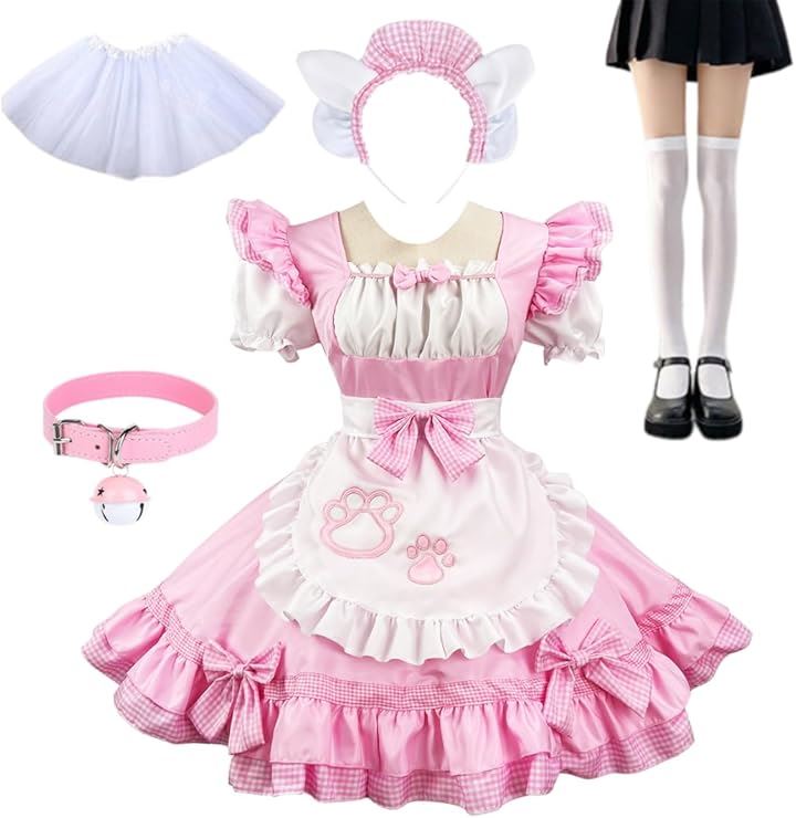 猫風 メイド服 コスプレ衣装 ロリータ レディース コスチューム ネックレス ソックス パニエ ヘッドドレス 5点セット Mサイズ( ピンク, M)
