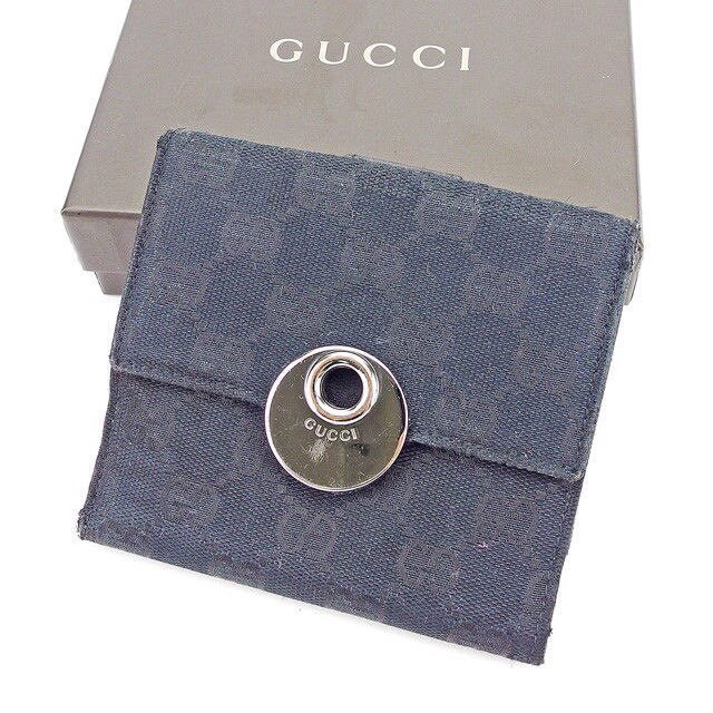 Wホック財布 二つ折り 財布 ＧＧキャンバス ブラック シルバー 中古
