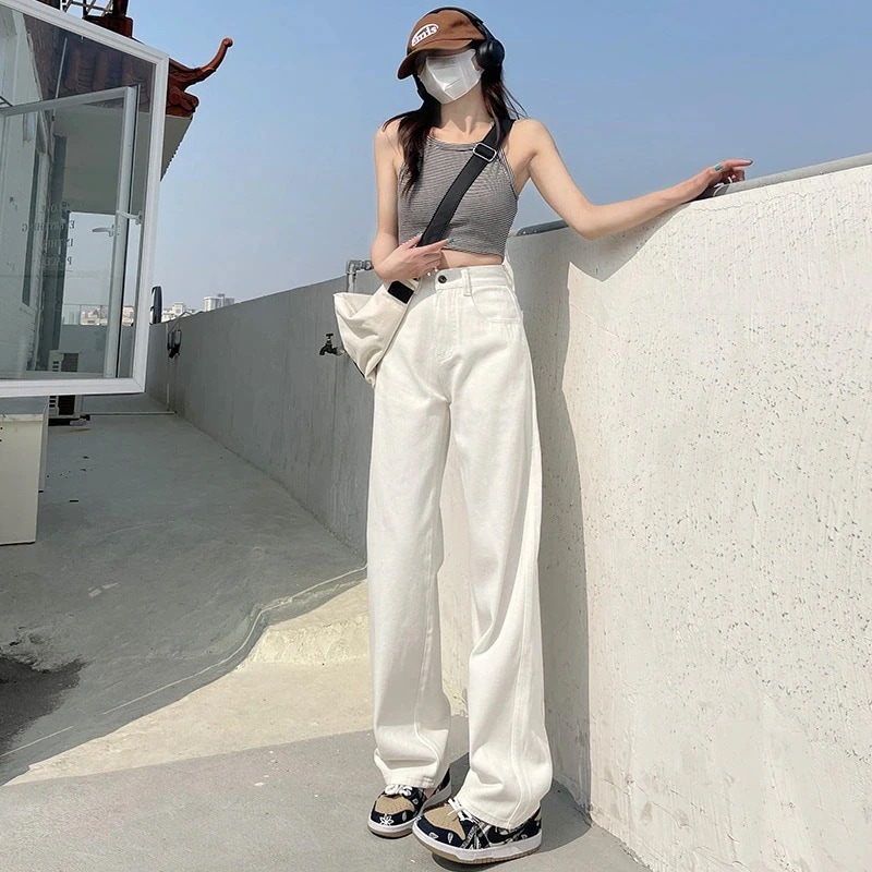 ホワイト ワイドパンツ デニムパンツ ジョガーパンツ ストレート ジーンズ ハイウェスト パンツ ワイドパンツ 着痩せ効果 4,282円