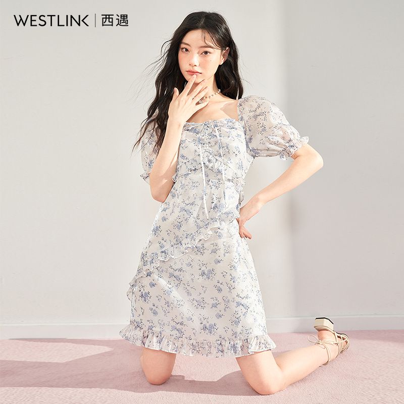 優しいシフォン花柄ワンピースレディース新春フリルバブルスリーブウェストプリンセスショートスカート