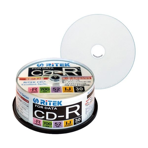 （まとめ） RITEK データ用CD-R 700MB1-52倍速 ホワイトワイドプリンタブル スピンドルケース CD-R700EXWP.30RT C1パック（30枚） 10セット