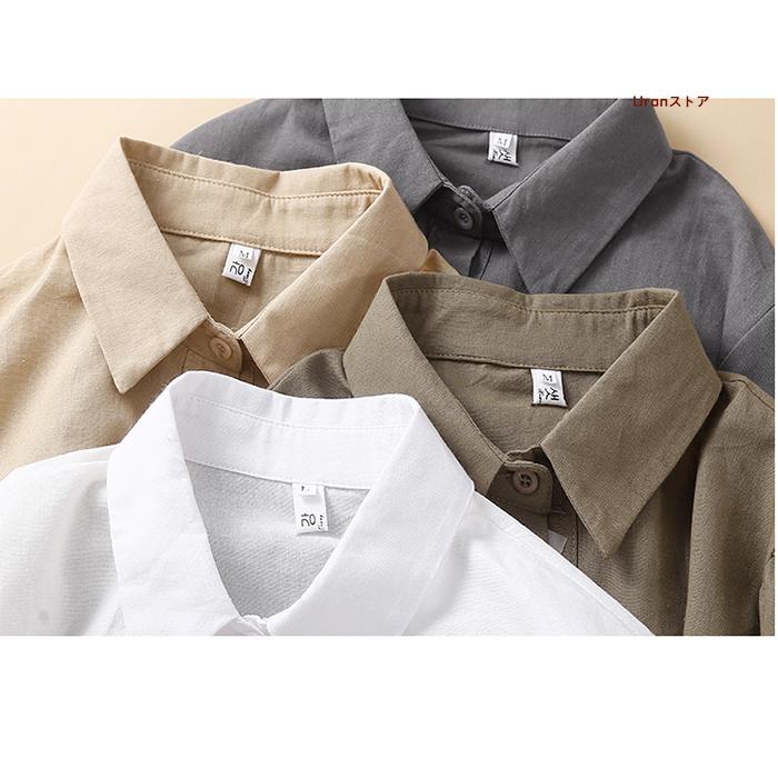 シャツ ブラウス レディース 七分袖 ン 麻 白シャツ スタンダードカラー トップス 大きいサイズ ゆったり 体型カバー カジュアル 袖口ゴム 綿麻風 前開き 春