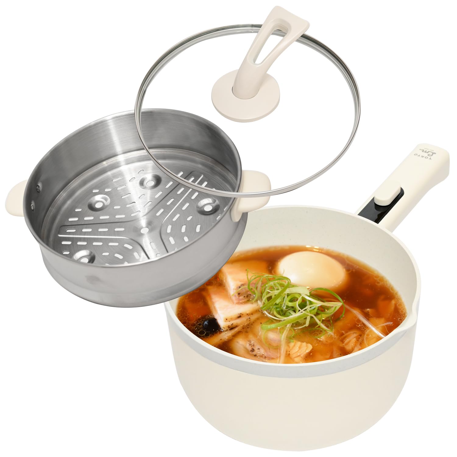 every U.(エブリユー) 電気鍋 (蒸し器付き) セラミックコーティング 一人用 片手電気鍋 一人暮らし 一人用鍋 一人鍋 電気 電気調理鍋 グリル鍋 鍋 ラーメン 目玉焼き うどん 炒めもの
