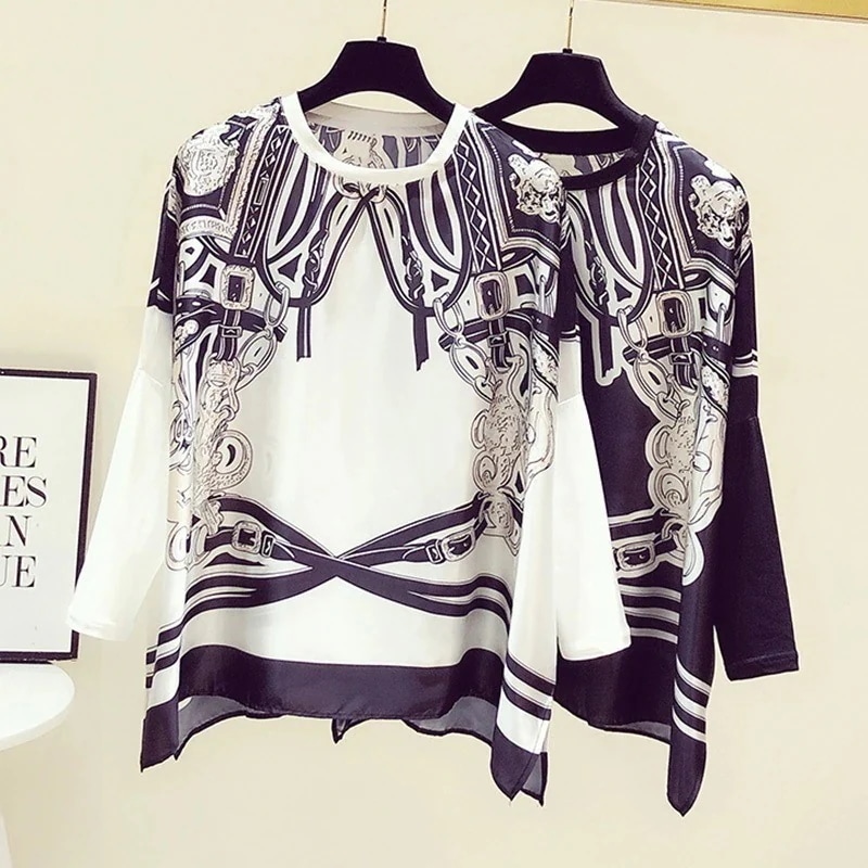 エレガンスプリントトップス　レディース スカーフ柄 感 シルク風 ラグランスリーブ 袖部分カットソー生地 異素材切り替え スカーフプリント 高見え 格上げ シック 上品 クラシカル なめらか817