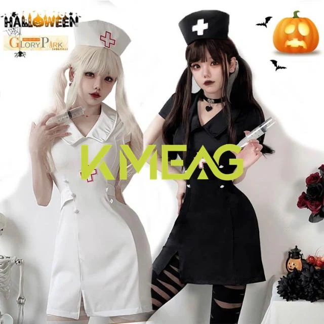 ハロウィン 看護婦 黒 白 帽子+ワンピース+首飾りコスプレ M L ナース服 白衣 女医 看護婦 医者 ゾンビ 血 ドクター 制服 ナースキャップ ミニスカート セクシー コスチューム ハロウィン