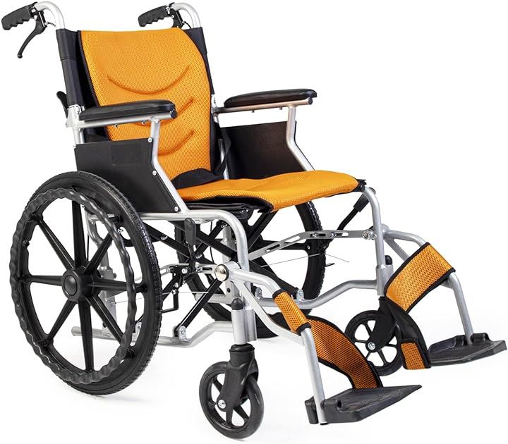 車椅子 折り畳み式 アルミ製 介助・自走 兼用 簡易 コンパクト 介助ブレーキ付 収納ポケット付き(オレンジ)