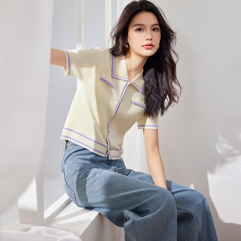 ニットカーディガン杏色ニット半袖レディース薄手夏修身衝突色polo襟フレンチ上着Tシャツカットソー