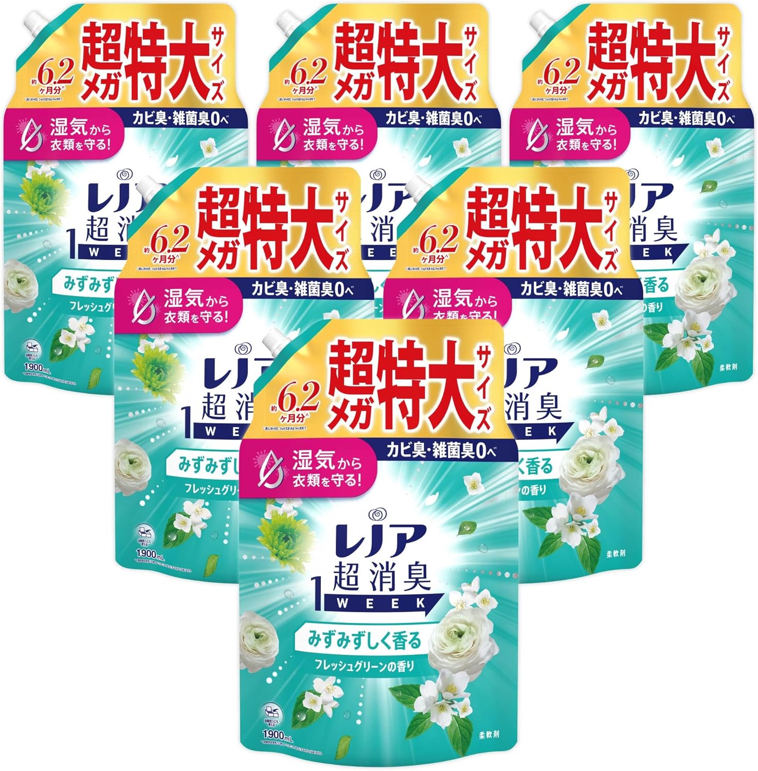 レノア 超消臭1WEEK 柔軟剤 みずみずしく香るフレッシュグリーンの香り 詰め替え 1900mLｘ6袋 大容量 ケース品