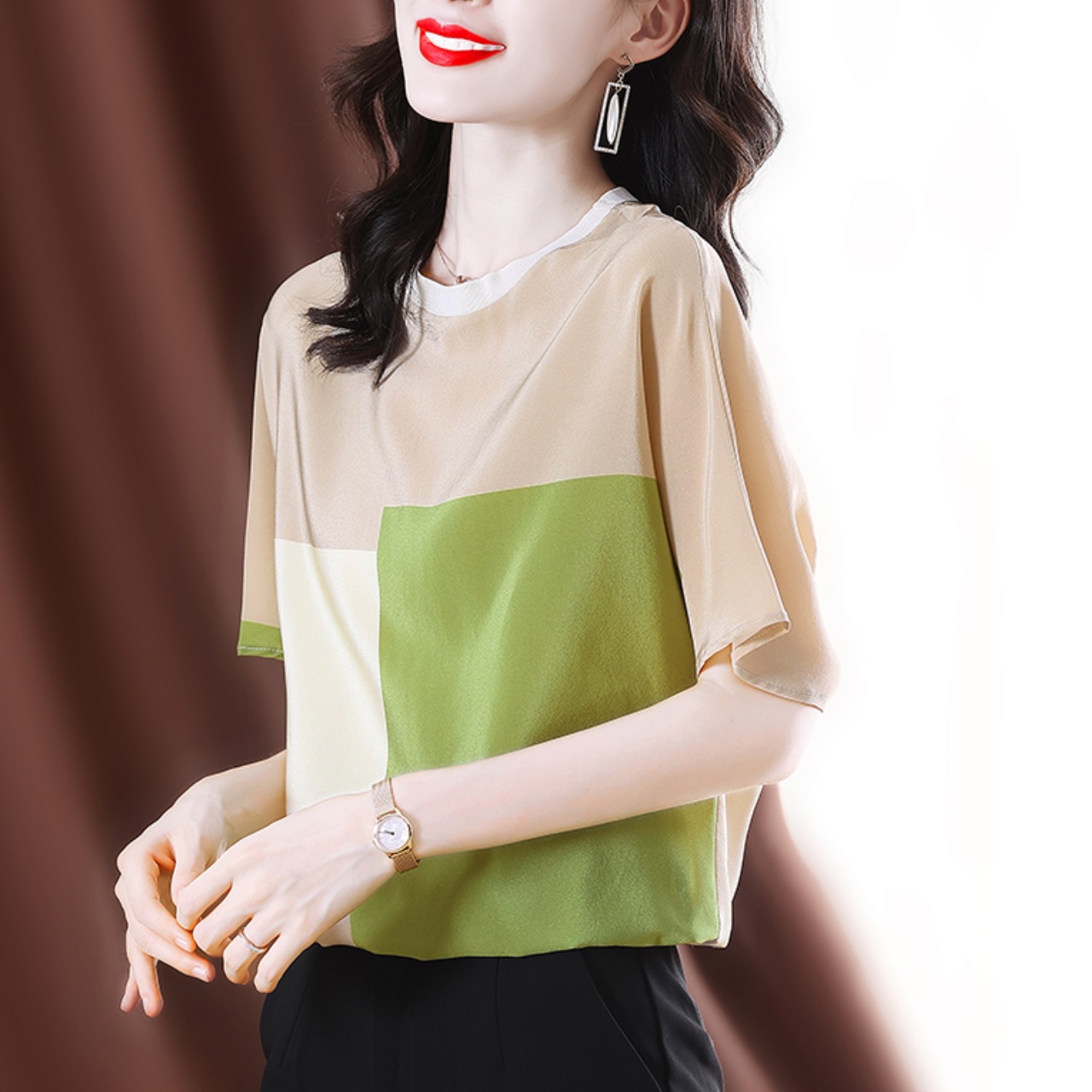 トップス レディース シャツ Tシャツ 袖あり 半袖 ラウンドネック スリムフィット 襟なし 細身 上品 大人女子 ストレート スマート 薄手 かわいい カジュアル お洒落 かっこいい こなれ感