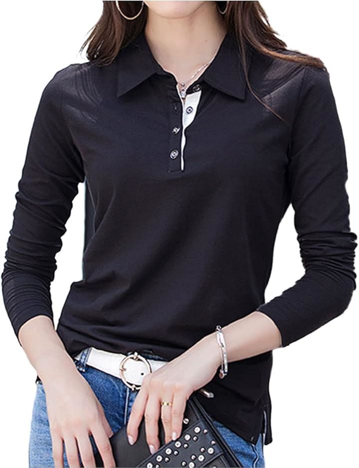 スリージョイ レディース ポロシャツ オフィスカジュアル トップス 長袖 ボタン Vネック バイカラー お洒落 かわいい 大人 スポーツ 綿(ブラック/Bタイプ, L) 5,206円