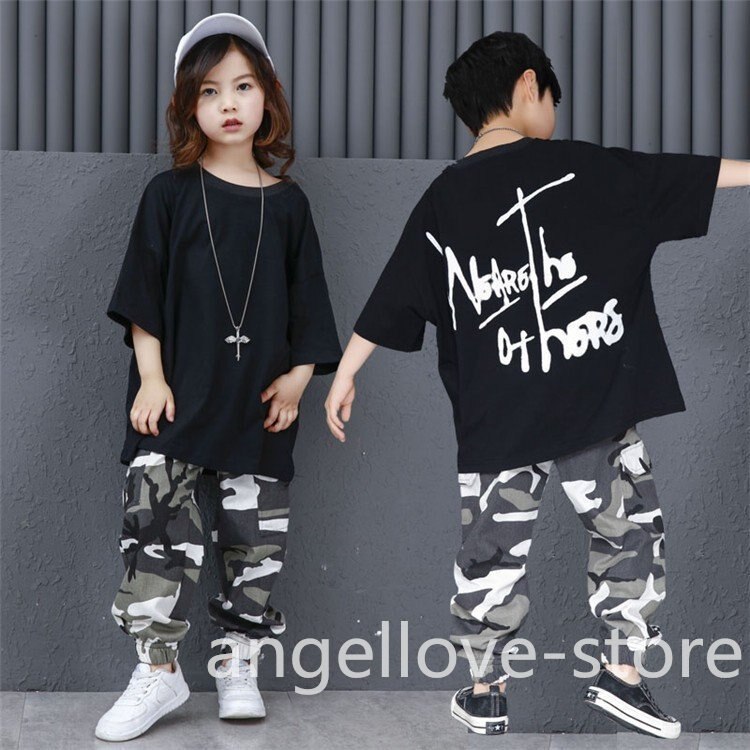 短納期 激安 キッズ ダンス衣装 ヒップホップ 子供 ダンストップス 迷彩パンツ Tシ