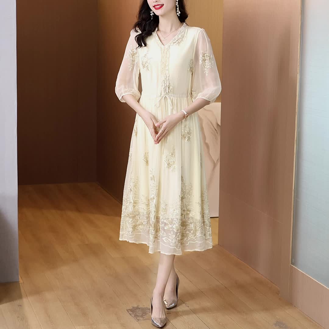 マルベリーシルク刺繍入りレディースドレス花柄ファッション痩身A39