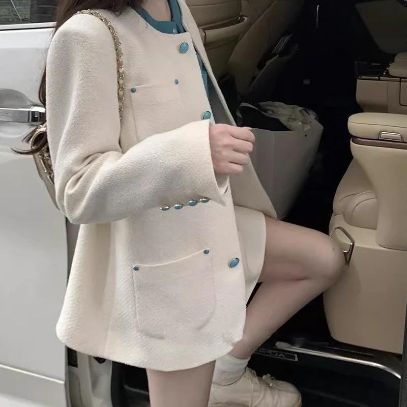 白ターコイズボタン白ツイードコートガーリートップス