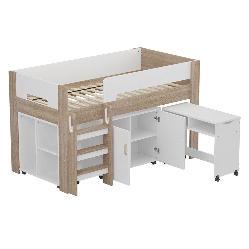 システムベッド ロフトベッド 階段付き S 木製 高さ120cm シングル ベッド ロータイプ ベッド デスク 本棚 机付き 学習机 コンパクト 本棚付き 収納 大人 一人暮らし ナチュラル+ホワイト