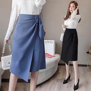 【超お得1つ買うと10個もらえる】急速出荷スカート ひざ丈 春夏 タイトスカート 黒不規則 レディース スリットスカートミディ