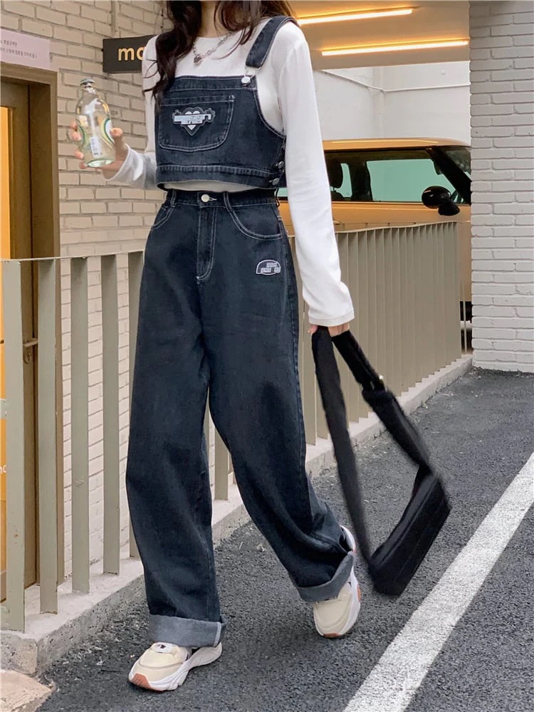 デニムパンツ ツーピース デニム オーバーオール ルーズ トレンド カジュアル ポップ 韓国ファッション S-XL デニムベスト付きハイウエストブルーデニム
