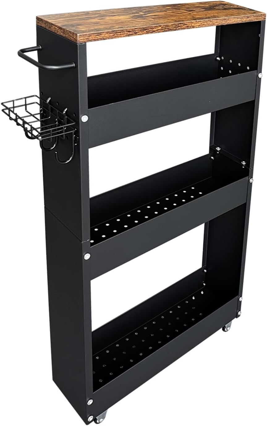 Roweida キッチンワゴン隙間収納スリム13 cm 移動式隙間ラック 冷蔵庫横 洗面所 ラック 隙間棚 4段 洗濯機横 スリムワゴン 細い棚 調味料棚 メタルフレーム木製天板 ブラック