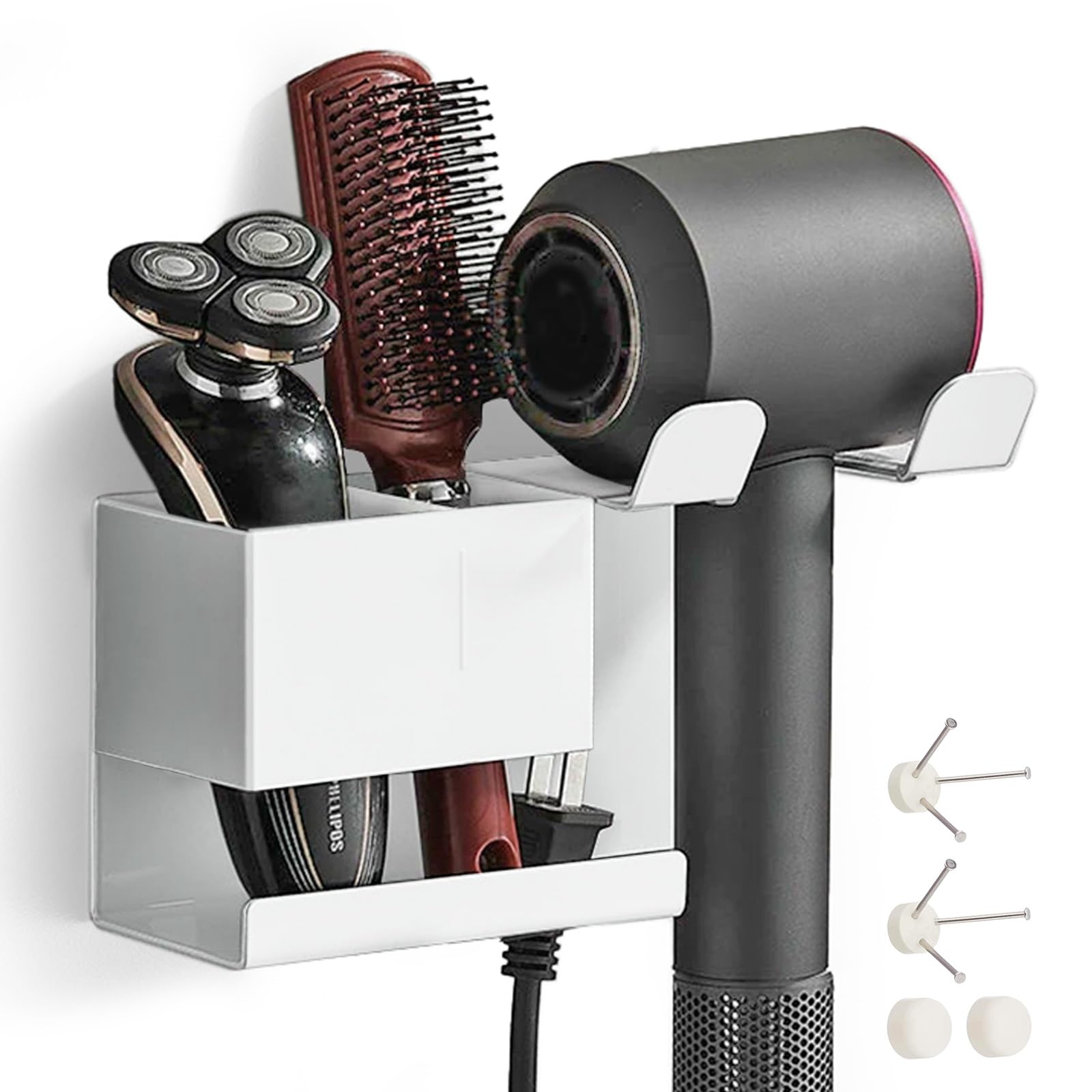 Recovery Me 【賃貸OK】 収納付き ドライヤーホルダー ドライヤー収納 壁掛け ネジ止め 賃貸 ドライヤー収納ケース ドライヤー収納ボックス ドライヤー収納 壁 フック かご (ホワイト)