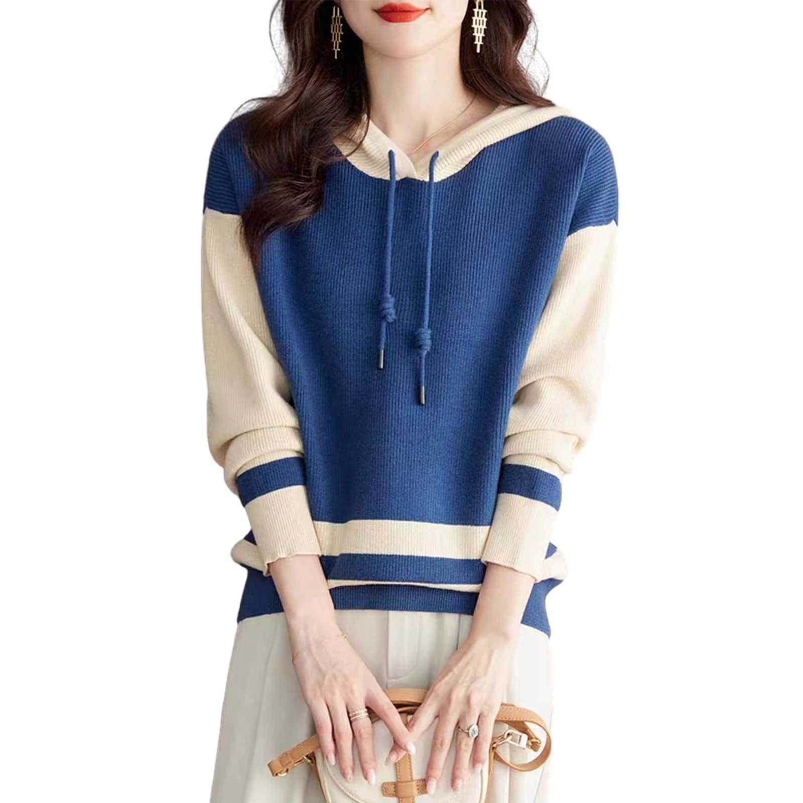 ニット セーター レディース ニット フード付き襟 vネック 長袖 プルオーバー トップス 配色 カジュアル 暖かい ファッション シンプル 着痩せ 通勤 秋 冬