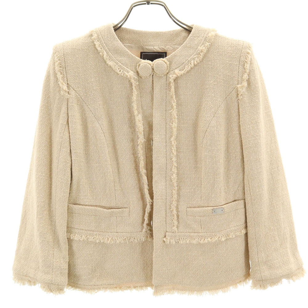 日本製 7分袖 バスケットウィーブ ノーカラージャケット 38 ベージュ レディース 古着