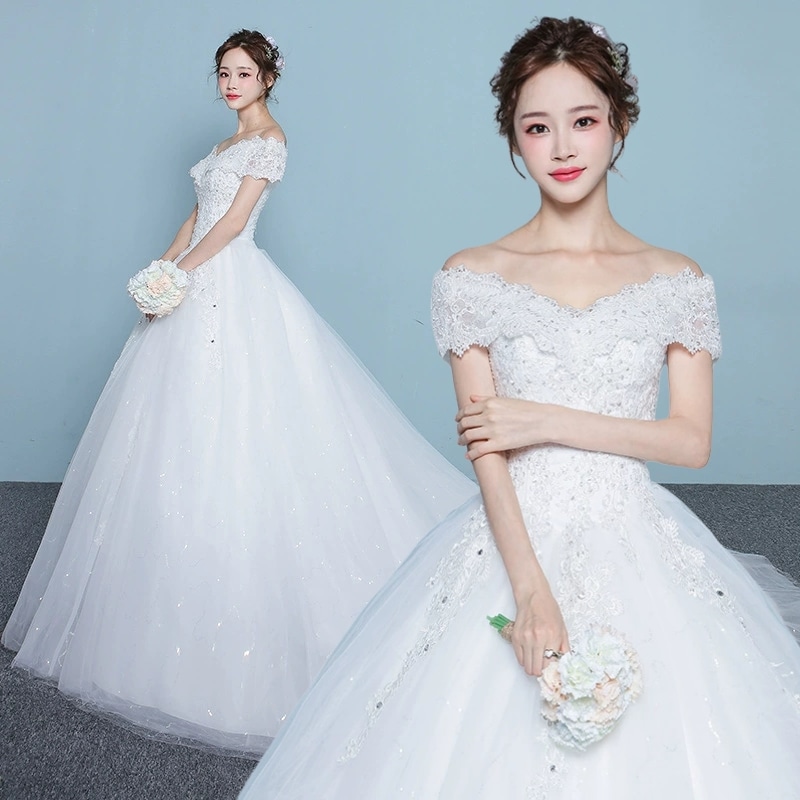 ウェディングドレス 白 花嫁 結婚式 ドレス パーティードレス 二次会 ホワイト 花嫁 ウェディング プリンセスドレス 白ドレス ロングドレス トレーン　引き裾 披露宴 編み上げ