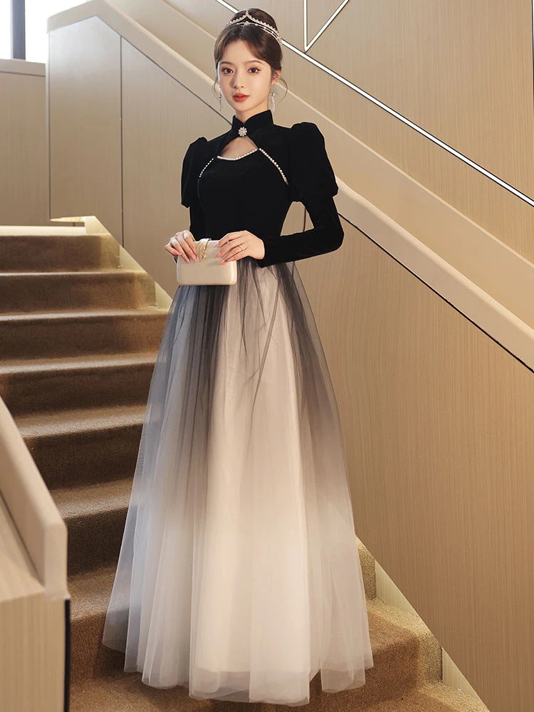 女性のための黒のイブニングドレス気質美術試験の主催者宴会は通常ロングスタイルシニアを着用できます