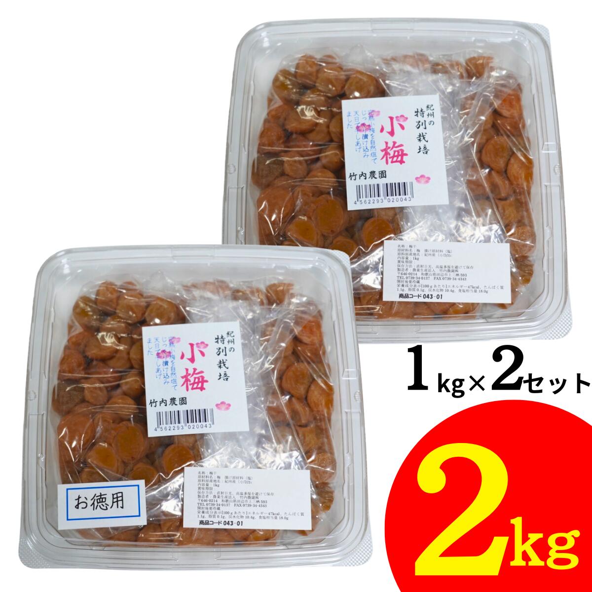 竹内農園 特別栽培 小梅干 1kg×2個 2kg 紀州産 梅干し 小梅 無添加 梅干し うめぼし ウメボシ 家庭用 お徳用 小粒 塩分 国産 日本産 すっぱい スッパイ 天日塩 和歌山県産 塩のみ 塩