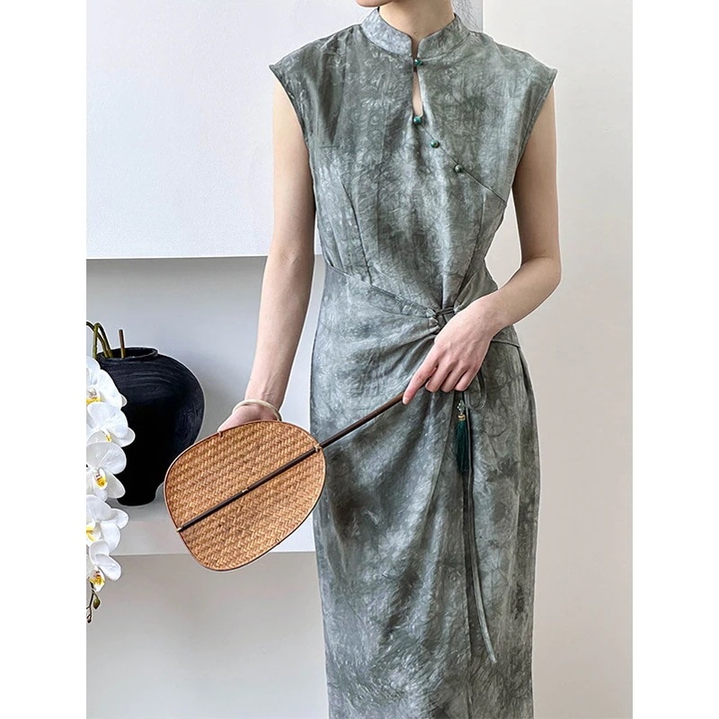 人气新作 ワンピース 春の新作中国風ノースリーブドレス女性のレトロな ノースリーブ デザイン改良チャイナドレスロングスカート