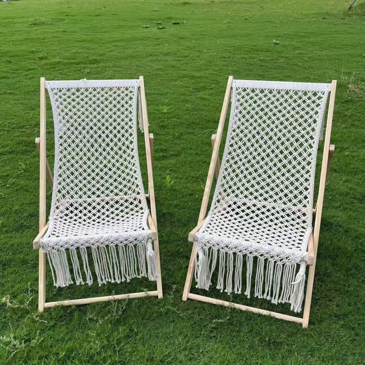 屋外キャンプ折りたたみ椅子手織りコットンロープヨーロッパパインウッドリクライナーデタッチ可能な洗濯リビングルームランチブレイクタッセル