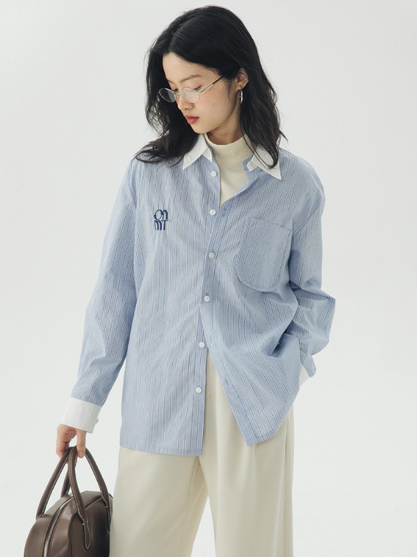 オモント エッグタルト ブルー ストライプ シャツ レディース 2023年秋冬新作 刺繍 ゆったり 長袖 シャツ トップス