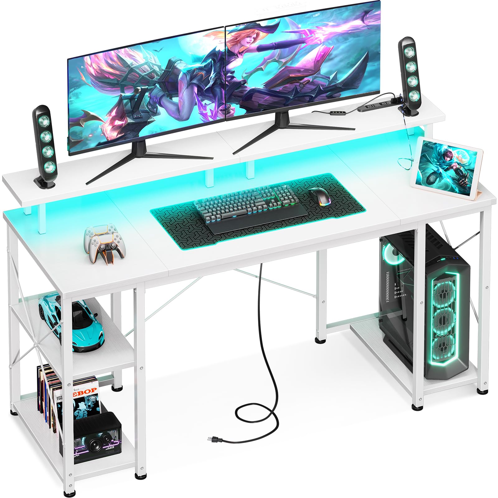 ゲーミングデスク パソコンデスク コンセント&LED付き 机 pcデスク 幅140cm 両側ラック&モニター台付き 勉強机 ゲームデスク computer desk ワークデスク 59652