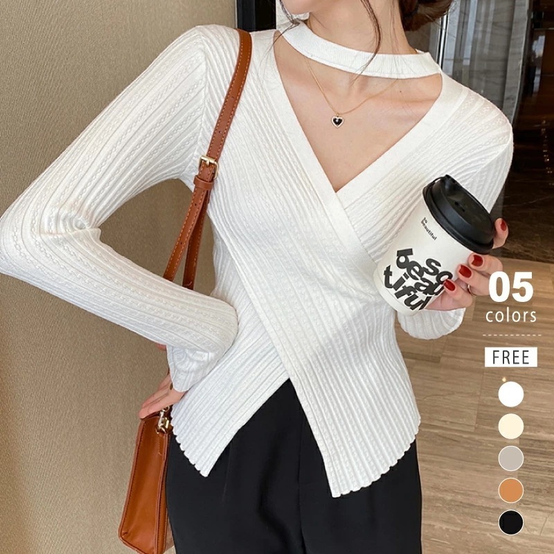 [迅速な配達][限時割!引!]カシュクール リブニット クロスニット ニット セーター 長袖 セクシー 胸元 トップス Vネック プルオーバー タイト フィット きれいめ 大人 エレガント 上品 春