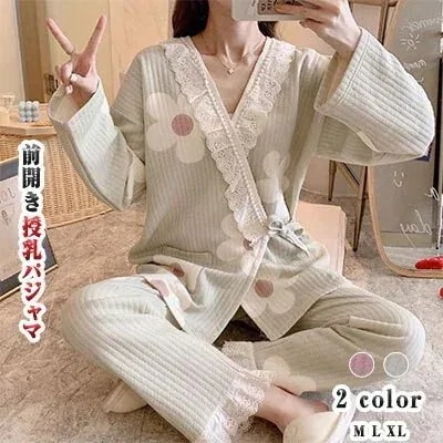 長袖長ズボンの上下セット 前開き授乳パジャマ M 前合わせ 紐 1つ買うと10個無料マタニティパジャマ 厚め