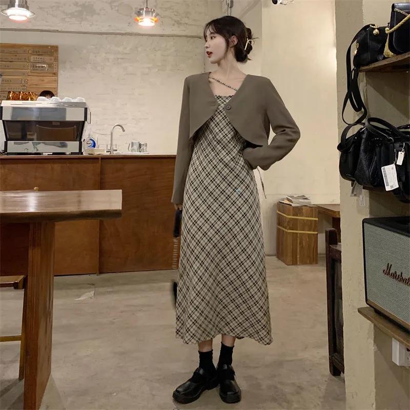 シャツワンピ ニットワンピース ロングワンピース パーティードレス 秋冬 ワンピース ドレス スリム見えワンピース ロングワンピース 2点セット レトロスーツジャケット+キャミワンピ フレ