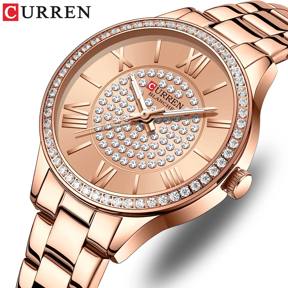 Curren-女性用時計 ラインストーン付きファッショナブルクォーツブレスレット ステンレススチールブレスレ