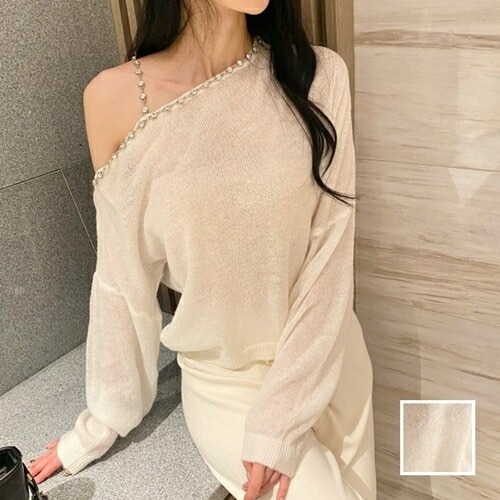 ニット セーター 韓国 ファッション レディース 春 夏 カジュアル コーデ シンプル 定番 セレカジ 20代 30代 40代 2025 シアー ワンショルダー サマーニット チェーン