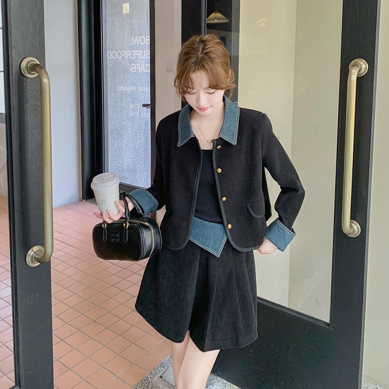 ヴィンテージデニムラペルスプライシング小さな香水セットスカート2024新しい塩光プリーツハーフスカートスーツ