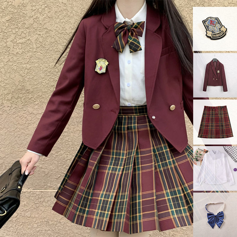 5点セット(レッドブレザー+スカート+リボン+ブラウス+バッチ) 入学式定番ブレザー制服スクールジャケットイベントチェックスカート就職活動面接アウターコート 卒業式