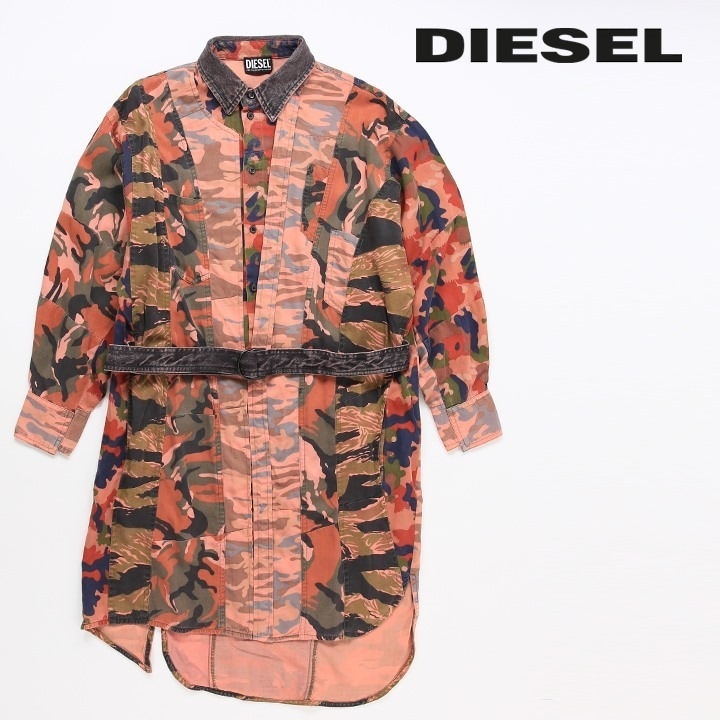 【XS】【S】長袖シャツワンピース レディース D-VITTORIA ウエストデニムベルト付き ヴィンテージウォッシュ die-l-t-e8-311