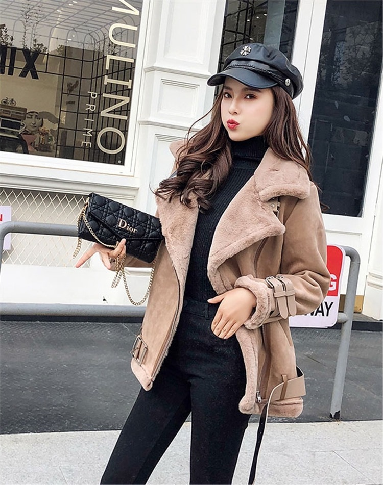 2019春 欧米風レディース 韓国ファッション CHIC気質 秋冬 ラペル 厚い スエードファーワンショートコート 女性 鹿ビロード 子羊 毛髪 オートバイの服 4,921円
