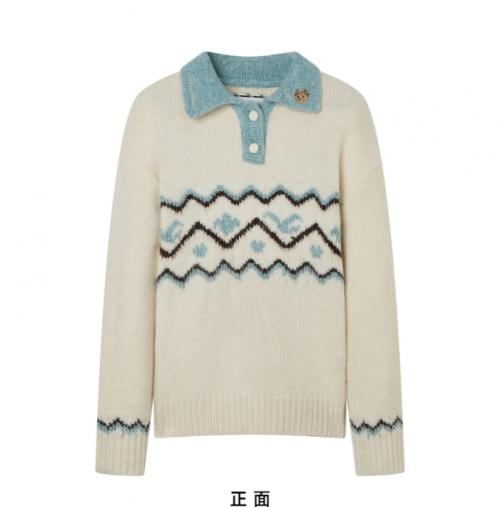 ニット レディース セーター くま 刺繍 かわいい 秋冬 トップス ファッション おしゃれ カレッジ風 ホワイト 長袖 襟付き