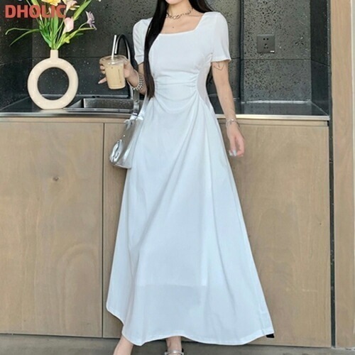 [メガ割りSALE]スクエアネック半袖ギャザーフレアワンピース