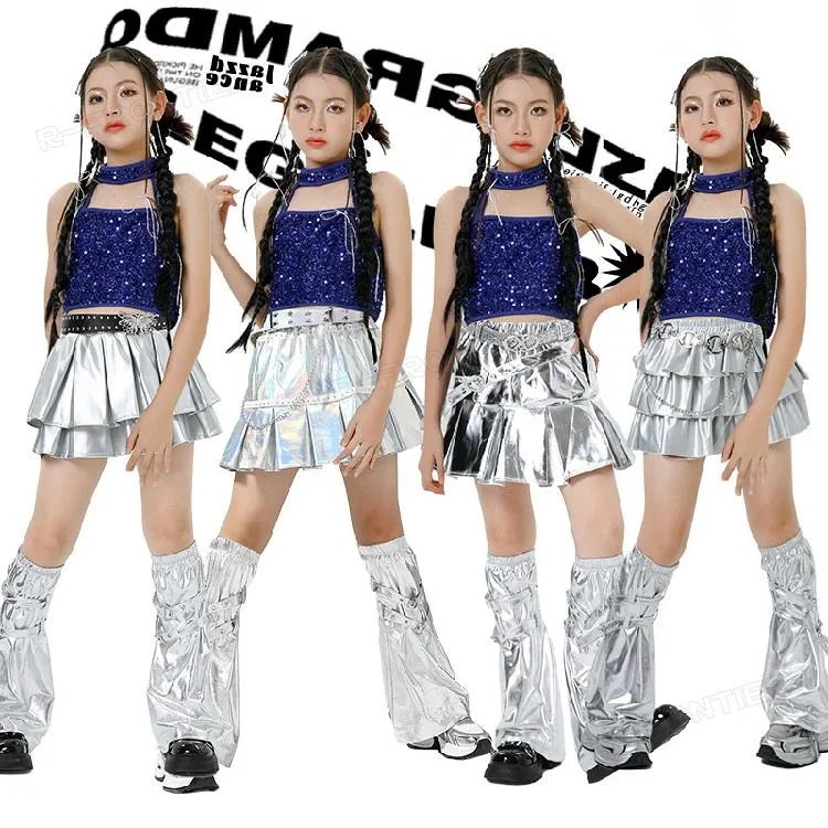 母の日【夏の】【出荷が迅速】キッズ へそ出し トップス ダンス衣装 女の子 セットアップ キラキラ 青 タンクトップ シルバー スカート スパンコール 韓国 k-pop衣装 ヒップホップ ジャズダン